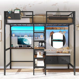 DICTAC Twin Loft Bed with L-Shaped Desk,Storage Shelves and Charging Station Metal Loft Bed Twin Size with LED Lights,Coat Rack with Drawers and Stair,Top Bunk with Safety Guardrail for Teen,Black