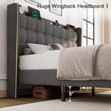 Queen Bed Frame, Upholstered Platform Bed with Charging Station, Modern Wingback Storage Headboard, Solid Wood Slats Support, No Box Spring Needed, Dark Gray